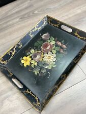 hand painted flowers black gold cut work Tray Handle Antique Vintage picture