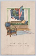 WWI US Christmas Postcard Homefront Flag Wicker Chair Indiana Postmark 1918 picture