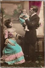 c1900s French RPPC Postcard Family Scene / Couple w/ Baby Hand-Colored Photo picture