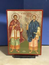 Holy Unmercenaries -Greek Russian Orthodox WOODEN ICON FLAT, WITH GOLD LEAF 5x7 picture