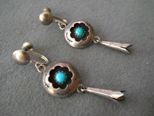 OLD Native American Turquoise Sterling Silver Shadowbox Squash Blossom Earrings picture