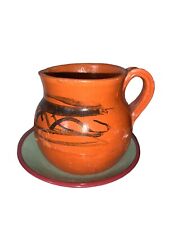 Vintage Redware Terracotta Mexico Native Pottery Jug And Saucer READ 3”x 4” picture