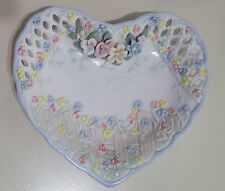 Vintage pierced porcelain heart shaped dish Spring colors flowers picture