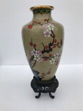 vintage Asian cloisonné vase cream background pink red blossoms wood stand picture