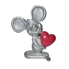 Vintage Shabby Pewter Miniature Mouse with Red Enamel Heart Figurine Valentines  picture
