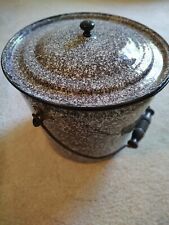 Vintage Enamel brown speckled pail metal bail handle with enamel lid picture