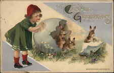 Winsch Easter Fantasy Little Girl Rabbits Hatch Giant Egg c1910 Postcard picture