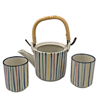 Vintage Japanese Original Tea Set Teapot & 2 Cups Or Geisha Sake Set Striped picture
