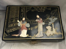 Exquisite Japanese Ebony? Jewelry Box with 2 Semiprecious Geishas Brass Accents picture