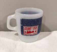 Anchor Hocking Fire King Milk Glass Mug Blue Denim Jeans  w/ USA Patch picture