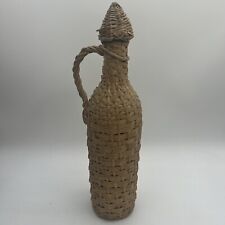 Vintage Wicker Wrapped Green Glass Wine Bottle Lid Nautical Beach House Woven picture