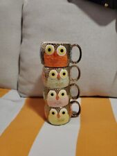 Royal Owl Set of 4 Coffee Tea Cup Mugs 3 D Hand Made Gold Pink Yellow Green picture