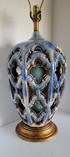 Vtg Mid Century XL Reticulated Blue Glaze Ceramic  Wood Base Table Lamp picture