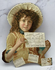Girl Holds Ladies Calendar 1889 ANTIQUE Cutout Hoyt's German Cologne & Rubifoam picture