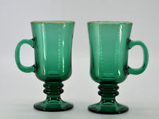 Libbey Juniper Green Glass Footed Irish Coffee Mugs Gold Rim Vtg Set of 2 C-9 picture