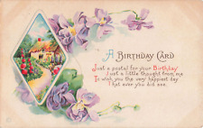Happy Birthday, Poem Purple Flowers Cottage Scene, Vintage Postcard picture