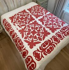 Antique 1850s Cotton Hawaiian Quilt Patchwork Red And White Calico Quilt Blanket picture