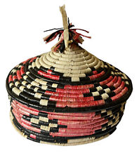 Vintage Boho Coiled Basket with Lid Hand Woven Natural Fiber Aztec African 9” picture