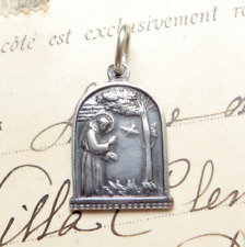 St Francis of Assisi Feeding the Birds Small Medal - Sterling Silver Antique Rep picture