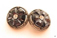Vintage Pair Silver Pot Metal Black Glass Clear Rhinestone Buttons*7/8