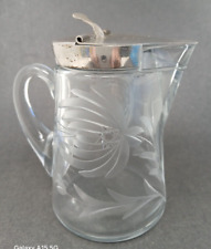 Vintage Heisey (?) Clear Glass Floral Etched Syrup Dispenser w/Silver Hinged Lid picture