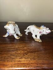 2 Vintage Porcelain Bull  And Cow Small Figurines Made in Japan Long Horns Gold picture