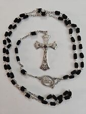 Vintage Sterling Silver Rosary Necklace Large 2 Inch Cross  With Black Beads picture