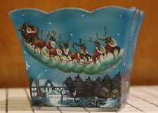 Vintage Hand Painted Frosted Glass Christmas Candle Holder Santa Sleigh Reindeer picture