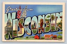 1939 Greetings From Wisconsin Linen Postcard Unposted Curt Teich picture