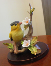 VTG LEFTON CHINA HAND PAINTED GOLDFINCH YELLOW BIRD FIGURINE 06304 W/WOOD BASE picture
