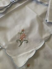 Set of 8 Vintage Hand-Embroidered Linen Cocktail Napkins Blue Pink Flower picture