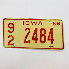 Iowa Vtg 1968 Collectible License Plate Single Original Red On White 92 2484 picture
