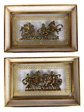 Vtg 2 Framed Continental Gilt Bronze Angel & Charioteer on Glass Wall Art RARE picture