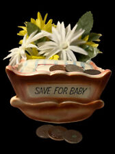Vintage Enesco Ceramic Baby Cradle Bank & Planter Vase, Blue Plaid Blanket picture