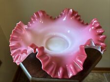 Antique Victorian Bridal Candy Basket Cranberry Pink Milk Glass Ruffled Rim 11” picture