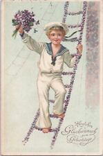 ZAYIX - Happy Birthday Sailor Boy Flower Ladder Embossed Postcard Germany c1910 picture