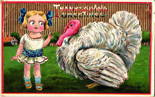 Thanksgiving Greetings Young Girl with Turkey Embossed SB Postcard Posted picture