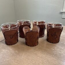 Set of 5 Vintage M. L. LEDDY Southwestern Tooled Leather Koozies (4 Glasses) picture