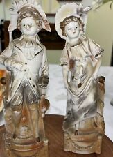 Antique German Bisque Porcelain Couple Standing by Staircase Column Figurine picture