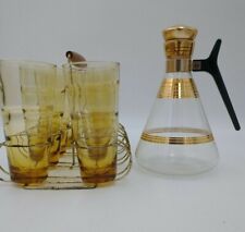 Vintage Inland Glass USA Gold Leaf Decanter with Wavy Glass Set of 8 and Caddy. picture