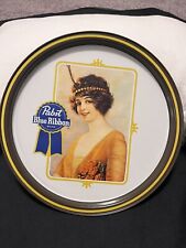 Vintage PBR Pabst Blue Ribbon Metal Beer Tray 10 3/4” Diameter Flapper Girl picture