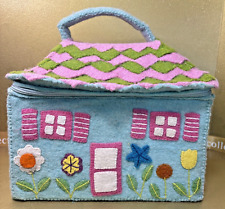 Vintage Felted Wool Sewing Basket Box Purse House Cottage Birds Flowers Zippered picture