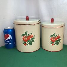 Vtg 2pc 40-50’s Red Bakelite Handle TOMATOES Decal Coffee Tea Tin Metal Canister picture