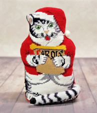 Needlepoint Christmas Cat Caroling Stuffed Pillow Decor Stand Up Door Stop Vtg picture