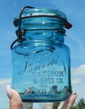 Vintage Lustre RE Tongue & Bros Aqua Pint Mason Jar Wire Bail E-Z Seal Glass Lid picture