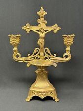 Antique Ornate Metal Standing Crucifix Candleabra Holy Water Font picture