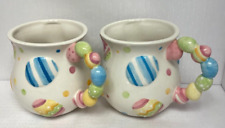 TWO Pier 1 Easter Mugs Cup Egg Polka Dot Handpainted Dolomite Colorful 16 Ounces picture