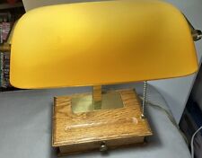 Antique Brass Bankers Lamp Amber Yellow Glass Wooden Base and Drawer 13 in Tall picture