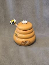 Honey Miel Ceramic Beehive Shaped Jar Pot w/ Lid & Wood Bumble Bee Dipper picture