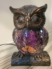 VTG Tiffany Style Mosaic Crackle Stained Glass Owl Table Lamp Night Light, 6.5
